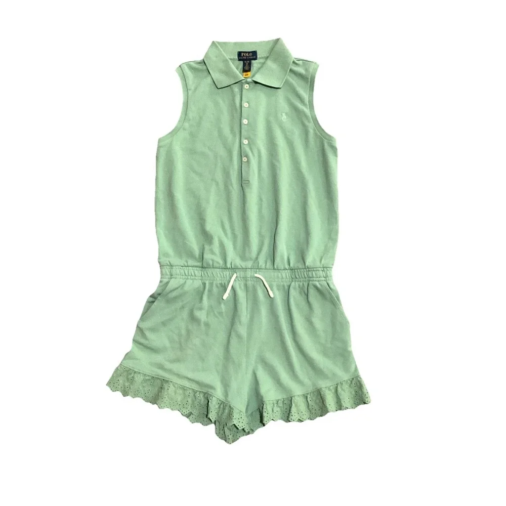 Polo Ralph Lauren Eyelet Mesh Romper Green‎ Pony Embroidered Pockets Girls XL 16